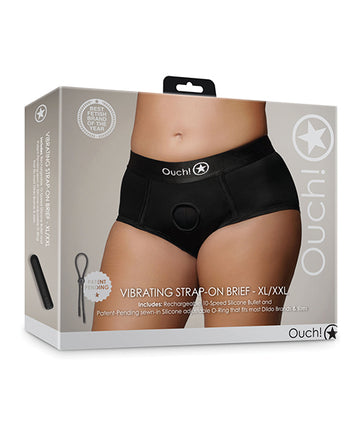 Shots Ouch! Vibrating Strap-On Brief, Black XL/XXL – 10-Speed Rechargeable
