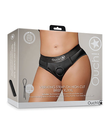 Shots Ouch! Vibrating Strap-On High-Cut Brief, Black XL/XXL