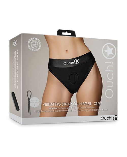 Shots Ouch Vibrating Strap On Hipster, Black XS/S – 10-Speed Rechargeable