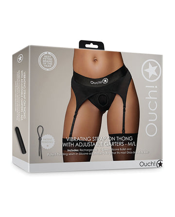 Shots Ouch Vibrating Strap On Thong with Adjustable Garters, Black M/L