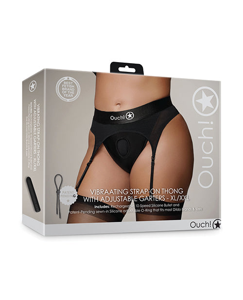 Shots Ouch Vibrating Strap On Thong w/Adjustable Garters, Black XL/XXL