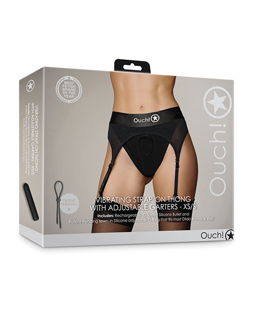 Shots Ouch Vibrating Strap-On Thong with Adjustable Garters, Black