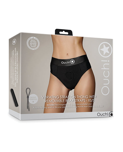 Shots Ouch Vibrating Strap-On Thong, 10-Speed Rechargeable, Black XS/S