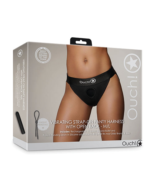 Shots Ouch Vibrating Strap-On Panty Harness, Open Back – Black M/L