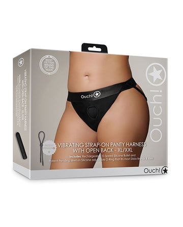 Shots Ouch Vibrating Strap-On Panty Harness with Open Back, Black XL/XXL