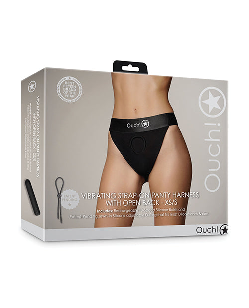 Shots Ouch Vibrating Strap-On Panty Harness with Open Back, Black XS/S