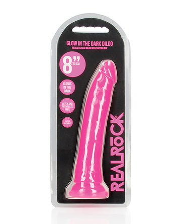 Shots America LLC REA143GLOPNK RealRock Slim Dildo, 8.7" Glow