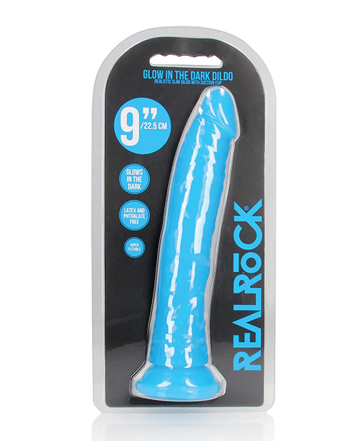 Shots RealRock 9" Slim Dildo, Glow in the Dark Neon Blue, Body-Safe TPE