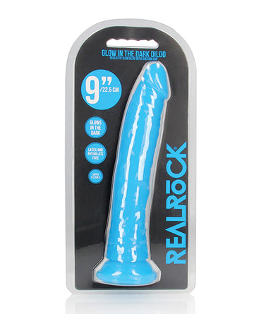 Shots RealRock 9" Slim Dildo, Glow in the Dark Neon Blue, Body-Safe TPE