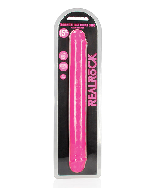 Shots RealRock 15" Double Dong, Glow-in-the-Dark Neon Pink