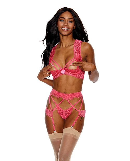 Shirley of Hollywood SS1279 CORL M Lace Bra Garterbelt G-String Set, Coral