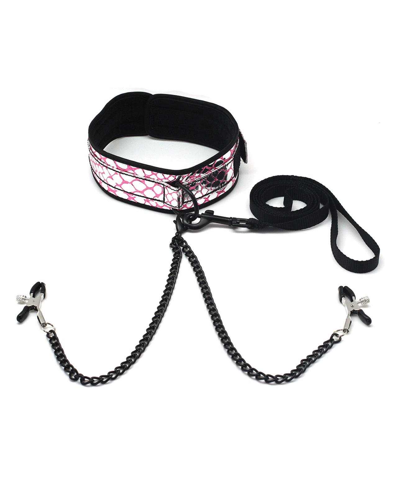 Spartacus SPU-102PK Faux Leather Collar & Leash w/Black Nipple Clamps, Pink