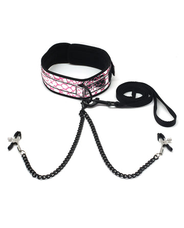 Spartacus SPU-102PK Faux Leather Collar & Leash w/Black Nipple Clamps, Pink