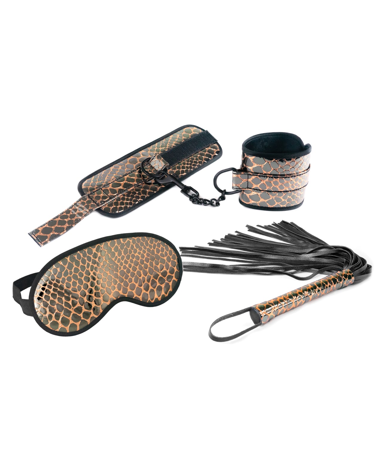 Spartacus SPU-115GD Faux Leather Restraints Blindfold Flogger Kit, Gold
