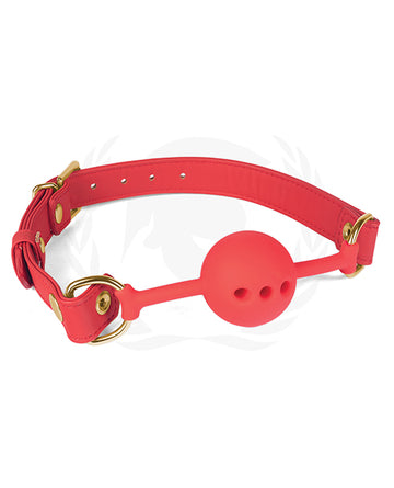 Spartacus Silicone Ball Gag with Red PU Straps, 46mm – Gold Accents