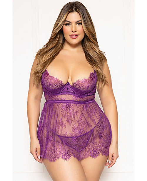 Seven 'til Midnight Floral Eyelash Lace Babydoll with Thong, Purple 3X/4X