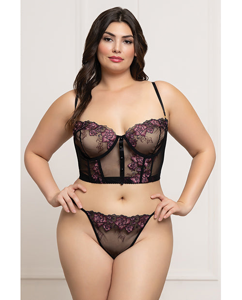 Seven 'til Midnight Floral Lace Bustier Thong Set, Black/Purple, C/D Cup, 1X/2X