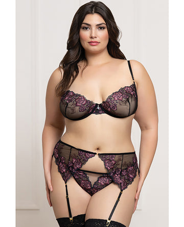 Seven 'til Midnight 3X/4X Floral Lace Mesh Bra Garter Thong 3pc Set - Black