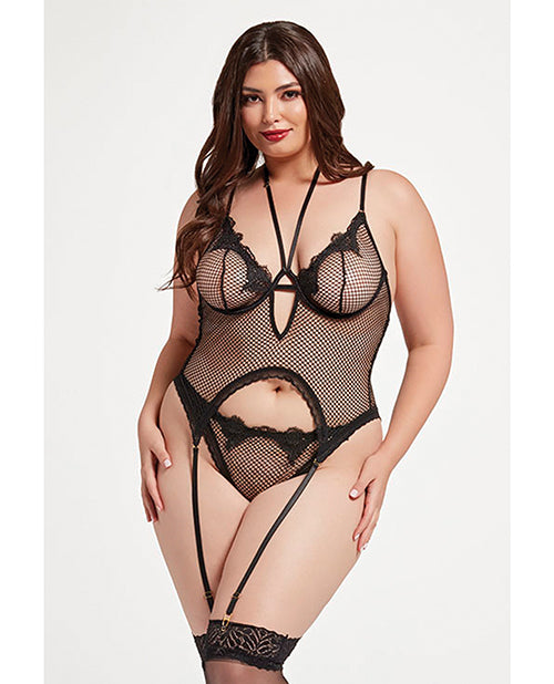 Seven 'til Midnight Stretch Mesh & Lace Cami Thong Set, Queen Black