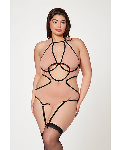 Seven 'til Midnight 11499XP Nude/Black Mesh Cut Out Halter Teddy, Plus Size