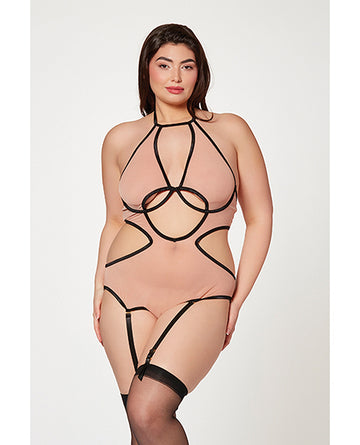 Seven 'til Midnight 11499XP Nude/Black Mesh Cut Out Halter Teddy, Plus Size