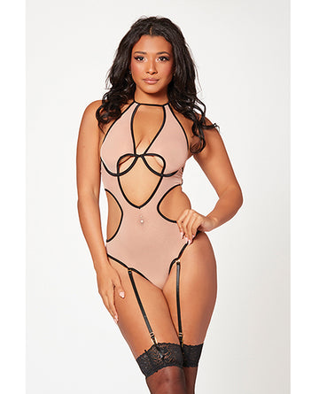Seven 'til Midnight Mesh Cut Out Halter Teddy, Black/Nude, One Size