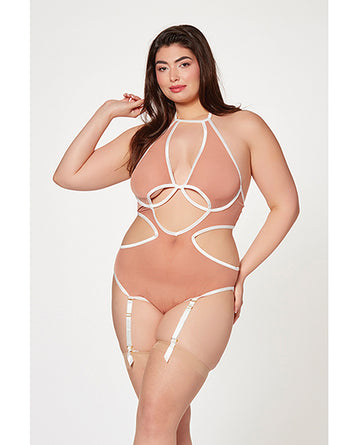Seven 'til Midnight 11499XP Mesh Cut Out Halter Teddy, Queen Nude/White