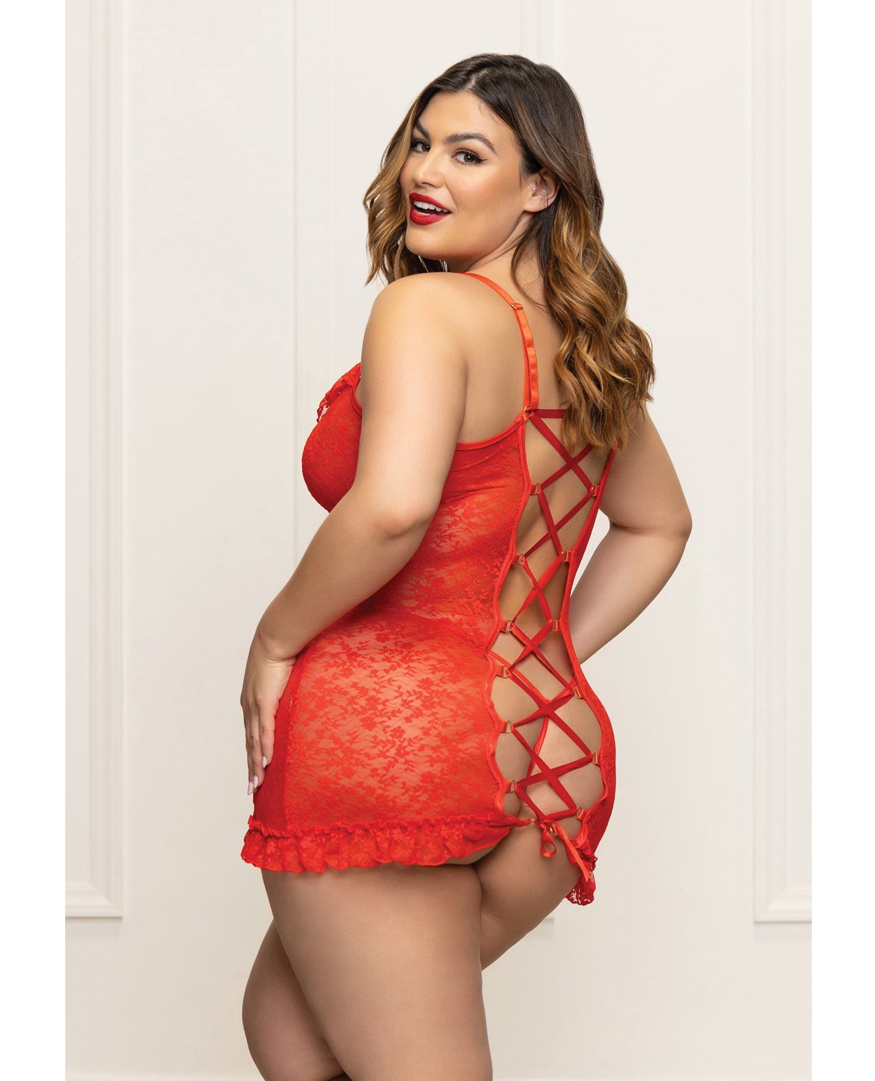 Seven 'til Midnight Lace Chemise with Ruffle Trim and G-String, Red, Queen