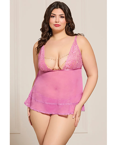 Seven 'til Midnight Lace and Mesh Babydoll Set, Pink – Queen Size