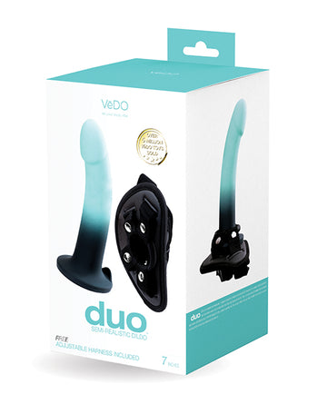 VeDo VI-A0201 Duo Silicone Dildo w/Harness, 7-Inch, Turquoise/Black