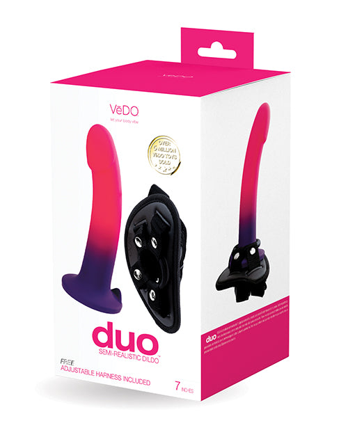 VeDO Duo Silicone Dildo with Harness, 7-Inch Body-Safe, Pink/Purple