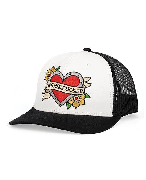 Wood Rocket WHT-006 Tattoo Heart Mother Fucker Trucker Hat, Black/White Cotton