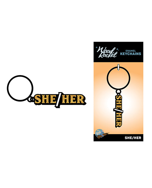 Wood Rocket KEY-035 She/Her Keychain, Black/Gold Enamel