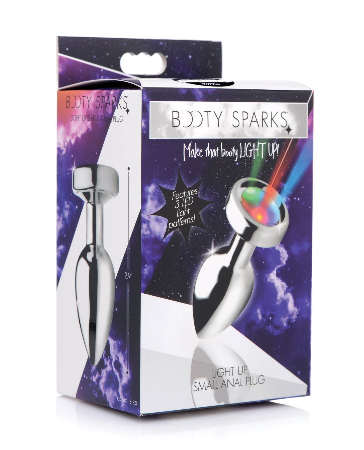 XR Brands Booty Sparks Light Up Anal Plug, Small, Silver Aluminum Alloy
