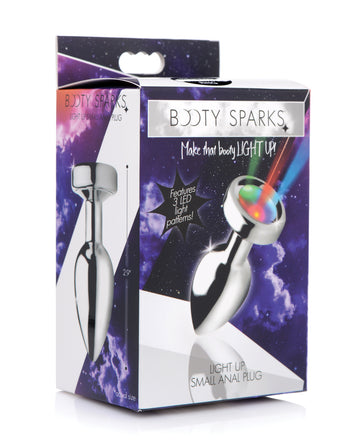 XR Brands Booty Sparks Light Up Anal Plug, Small, Silver Aluminum Alloy
