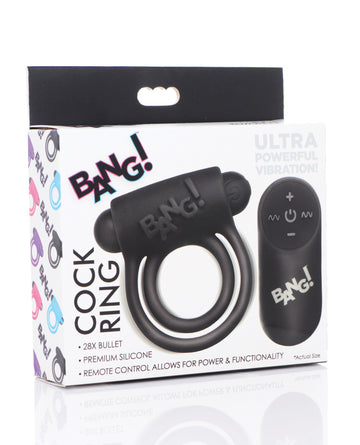 XR Brands Bang! Vibrating Cock Ring & Bullet Remote Control, Black Silicone