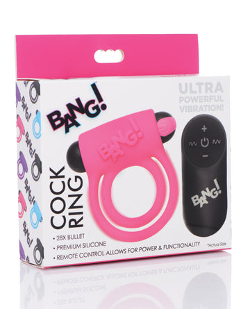XR Brands Bang! 28X Vibrating Cock Ring & Bullet with Remote – Pink