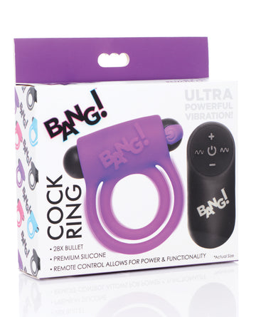 Bang! 28X Remote Control Vibrating Cock Ring & Bullet, Purple - Waterproof