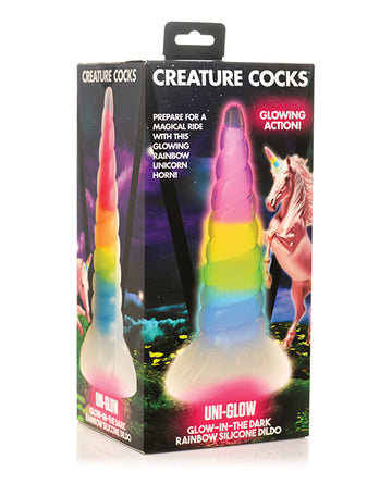 Creature Cocks Uni-Glow Glow-in-the-Dark Rainbow Silicone Dildo, 7.7-Inch