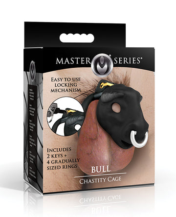 XR, LLC Master Series Bull Chastity Cage, Black – with 4 Graduated Rings