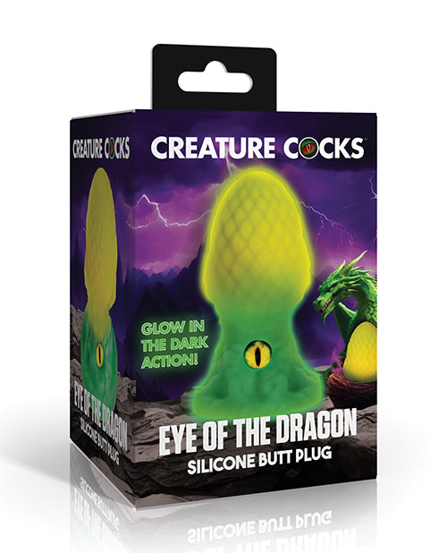 Creature Cocks Eye of the Dragon Silicone Butt Plug, Green, Glow-in-the-Dark
