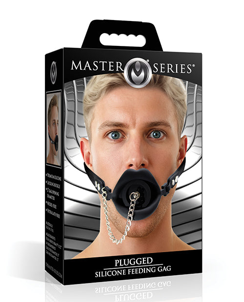 XR Brands Master Series Plugged Silicone Feeding Gag, Black