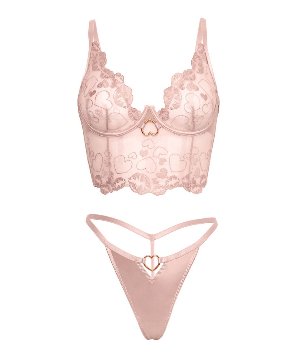 Oh La La Cheri Clarissa Embroidered Bustier and G-String Set - Pink, XL